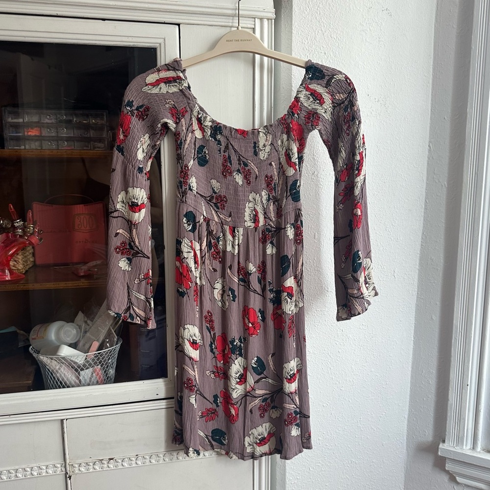 Hazel off shoulder floral dress w bell sleeves & smocked bodice Medium
